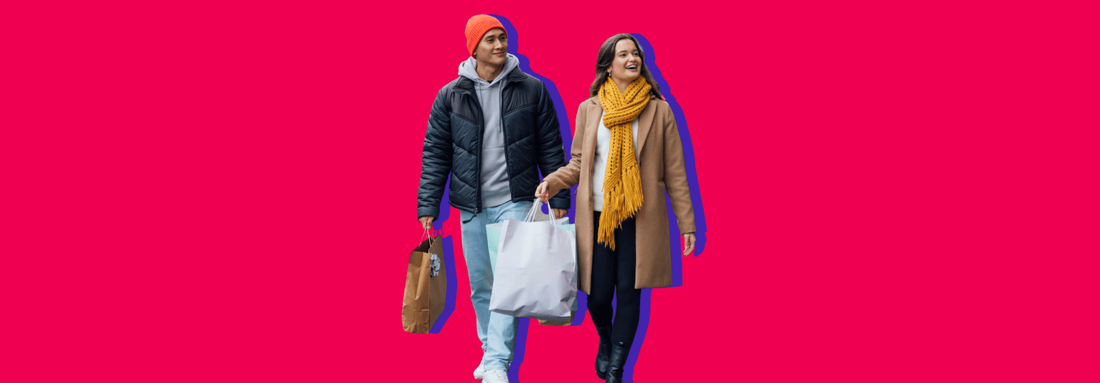 A woman in autumn coat and scarf carrying paper shopping bags, set against a bold red background.