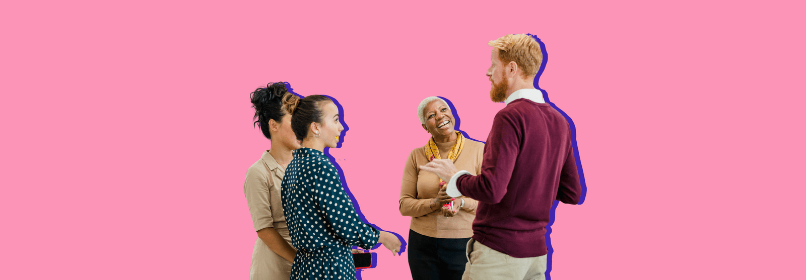 A small group of colleagues talking together in a relaxed meeting, set against a pink background.