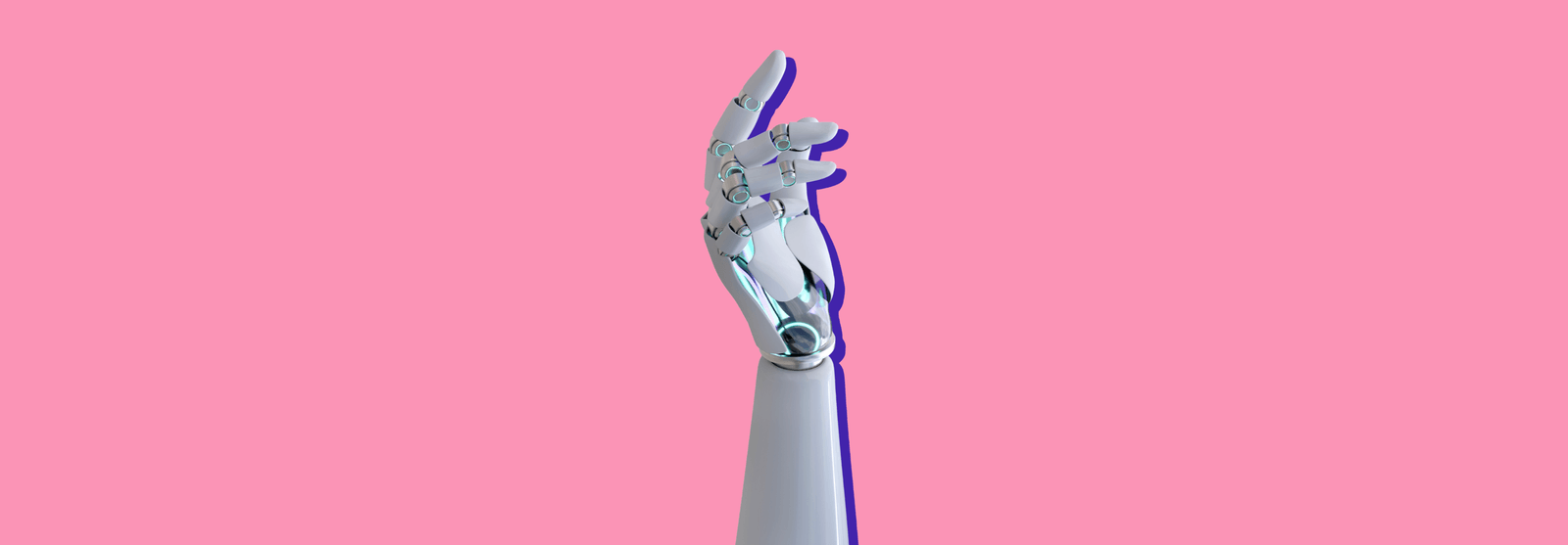 A white robotic hand reaching upward against a pink background, suggesting artificial intelligence.
