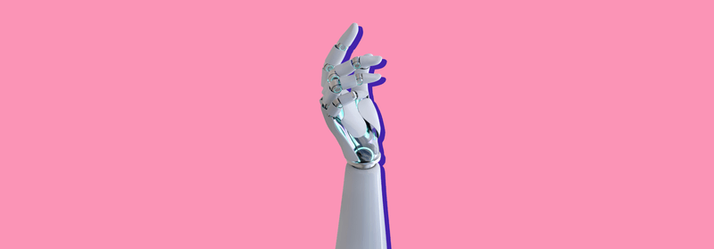 A white robotic hand reaching upward against a pink background, suggesting artificial intelligence.