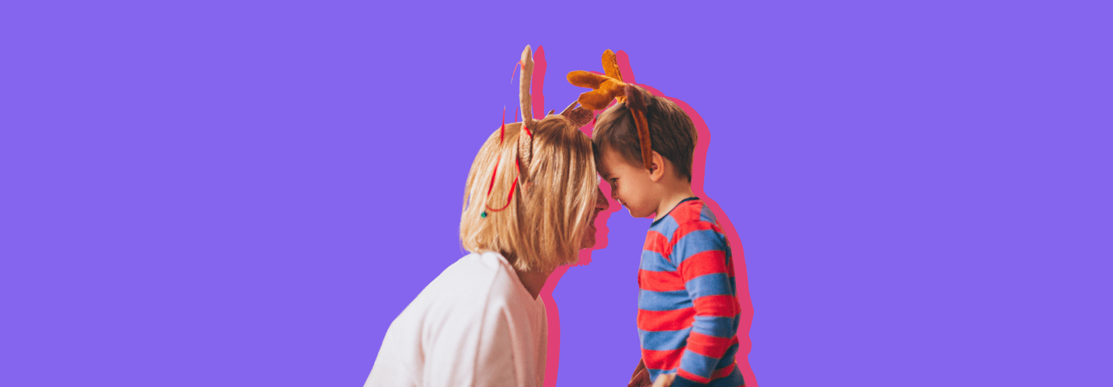A woman and a child touching foreheads affectionately, set against a purple background.
