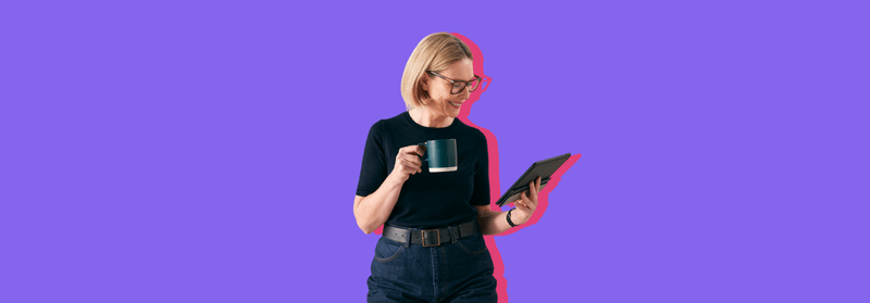 A blonde woman holding a tablet, set against a purple background.