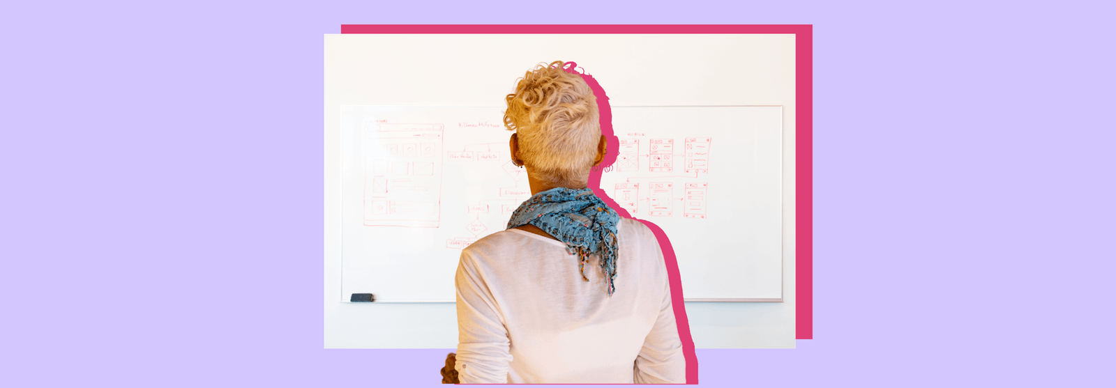 A person standing in front of a whiteboard, viewed from behind, set against a lilac background.