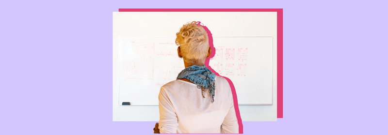 A person standing in front of a whiteboard, viewed from behind, set against a lilac background.