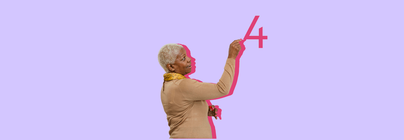 An older woman holding up a large numeral 4, set against a lilac background.