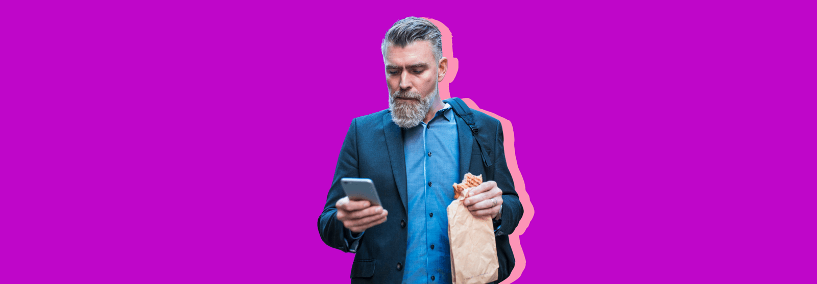An older man in a blazer holding a smartphone, set against a purple background.