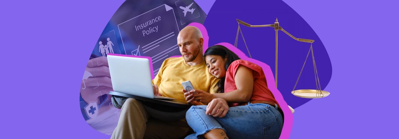 Couple sitting together looking at a laptop, with an insurance policy document and scales of justice behind them