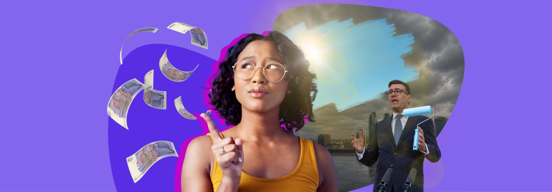 Illustration of a woman looking thoughtfully upwards, with floating banknotes on one side and a politician painting blue sky over storm clouds in the background.