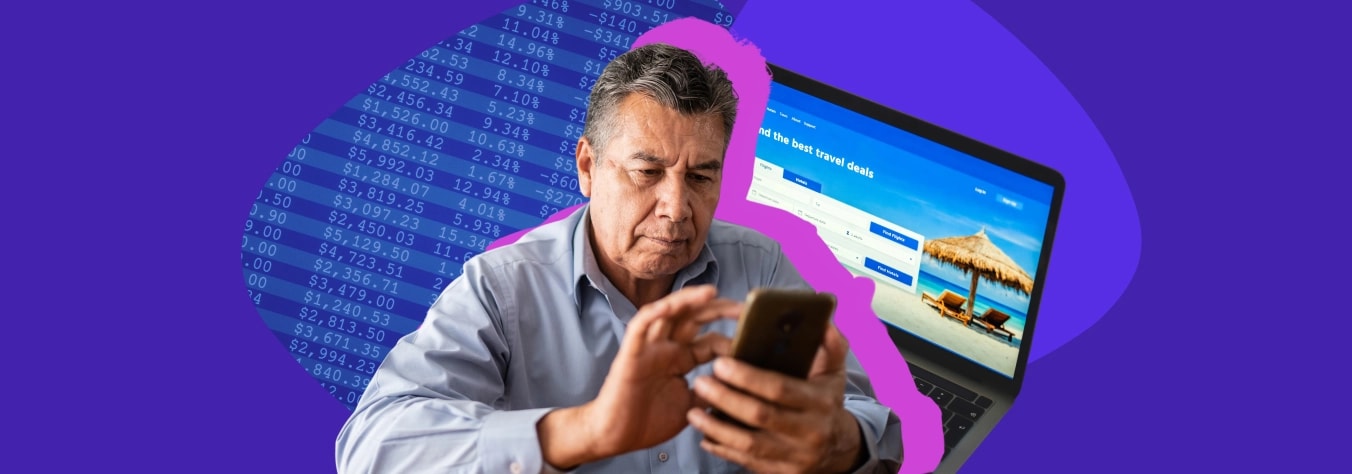 Older man frowning at his phone in front of a laptop showing a travel-deals site, with columns of figures behind him