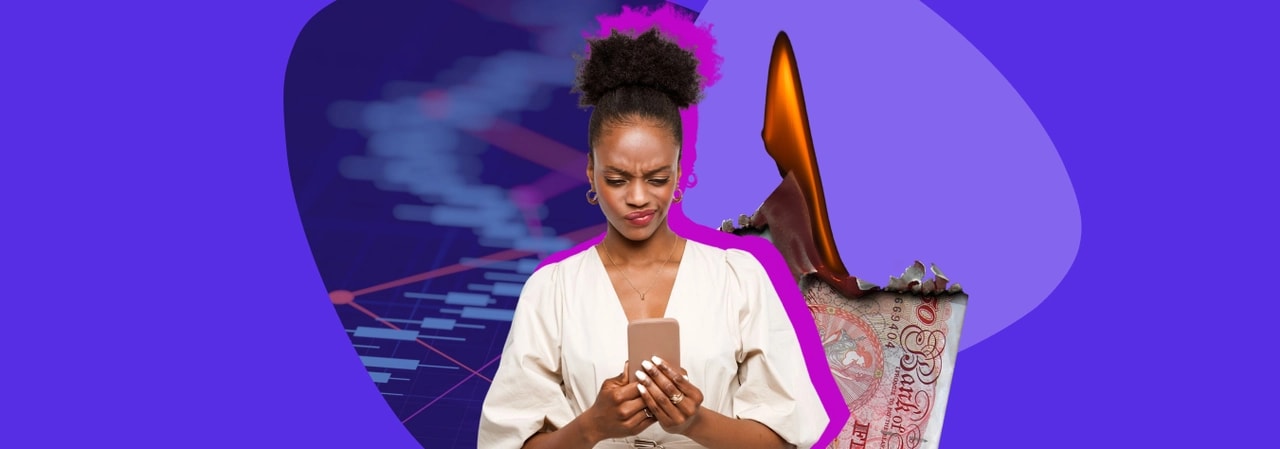 Woman frowning at her phone against a falling share-price chart, with a high-heeled shoe stepping out of a £10 note