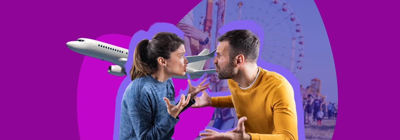 Couple arguing face to face, with an aeroplane and a fairground big wheel behind them