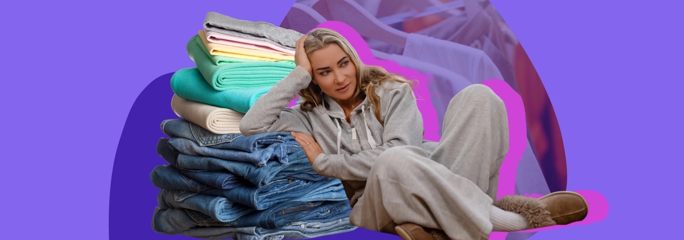 Woman in grey loungewear leaning on a tall stack of folded jumpers and jeans, with a clothing rail behind her