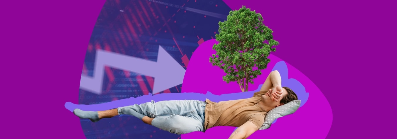 Man lying back with a hand over his face, beside a downward red arrow and a small tree