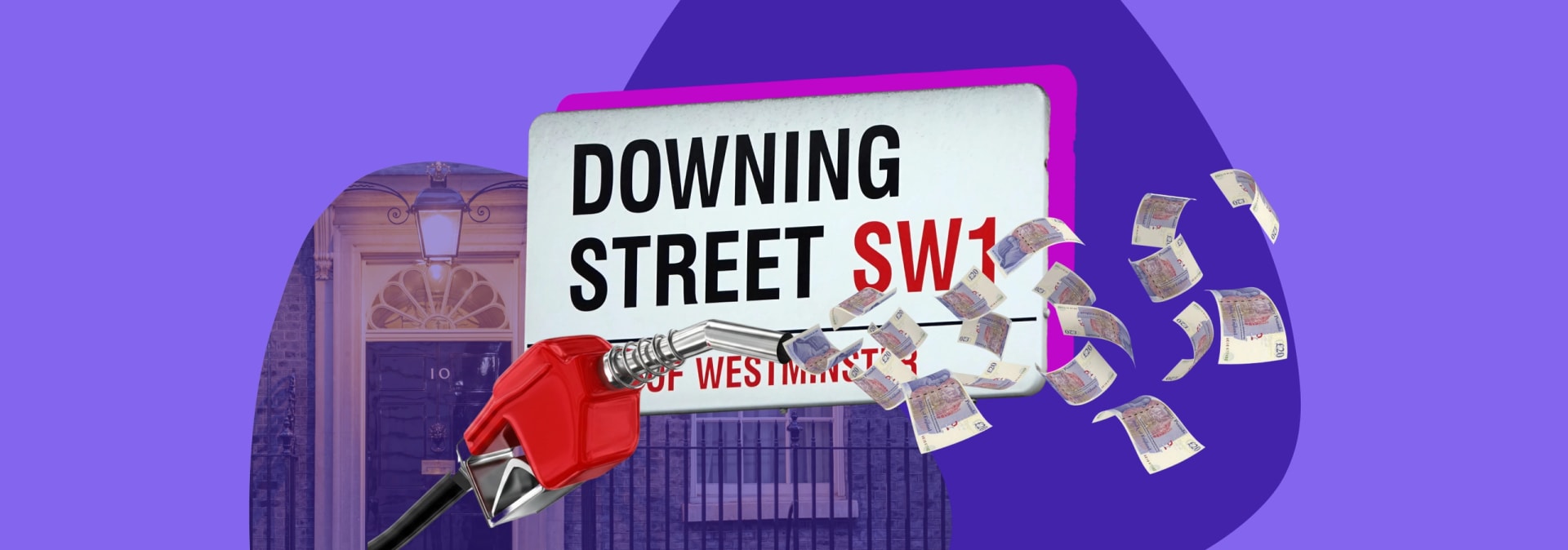 Illustrated Downing Street SW1 sign with scattered papers and a fuel pump nozzle on a purple background.