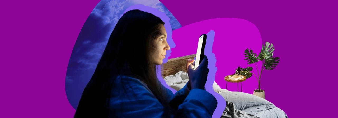 Woman sitting up in bed at night looking at her glowing phone, with clouds behind her and a plant on the bedside table