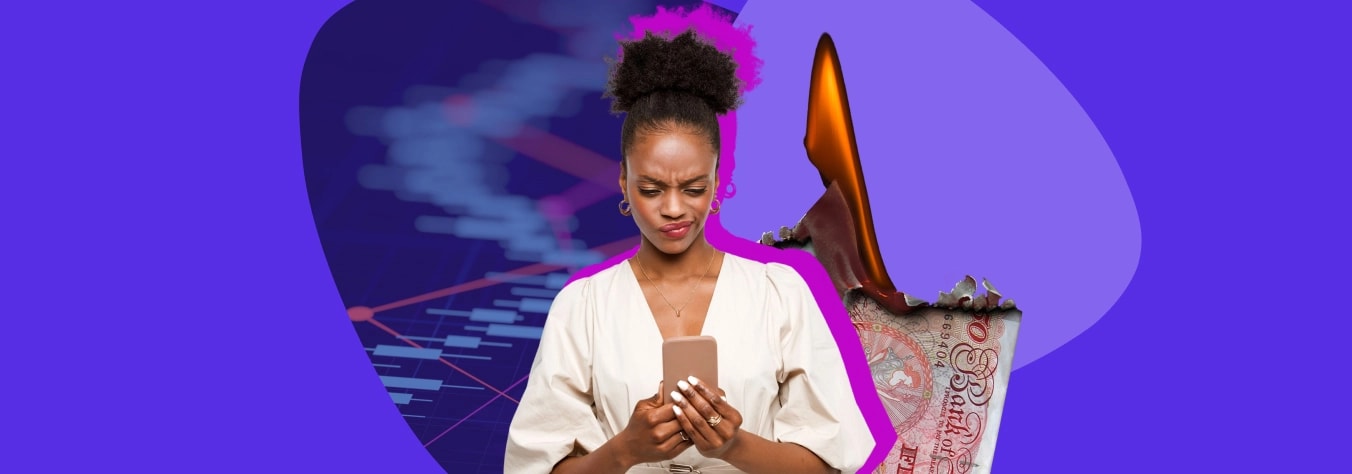 Woman frowning at her phone against a falling share-price chart, with a high-heeled shoe stepping out of a £10 note