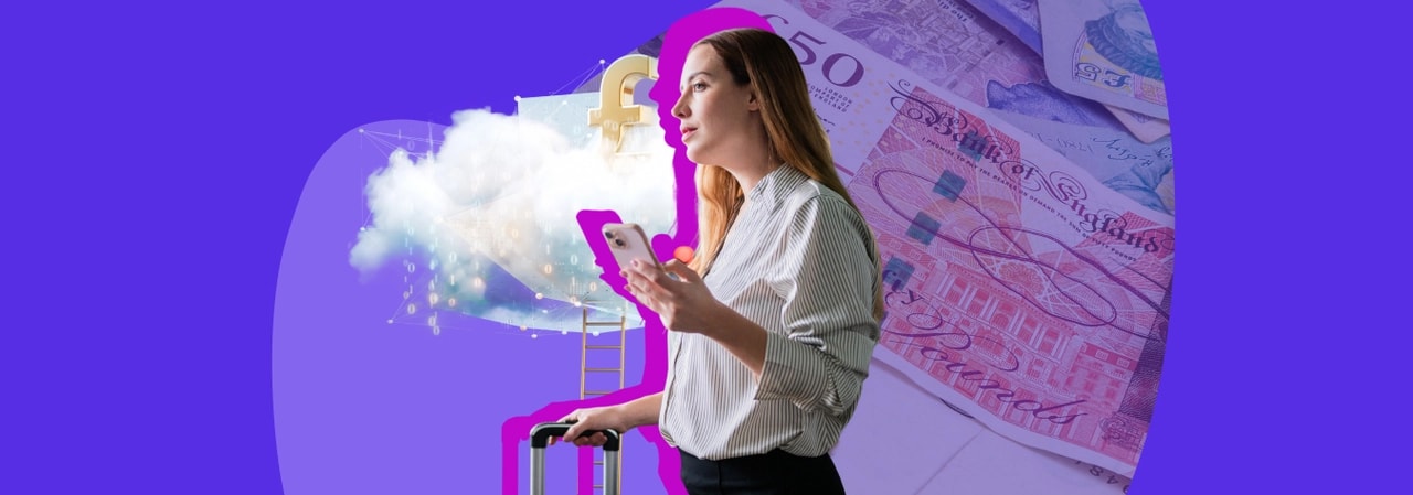 Woman in a striped shirt holding a phone beside a wheeled suitcase, with a £50 note, a pound sign and a cloud of data behind her