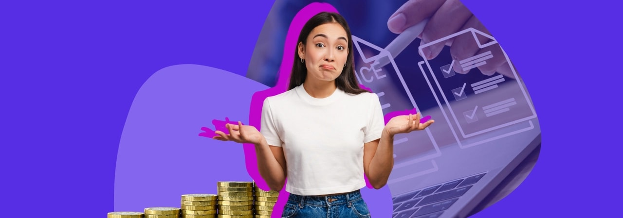 Woman shrugging with a puzzled expression, stacks of gold coins beside her and a finance checklist on a screen behind