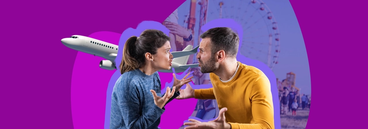 Couple arguing face to face, with an aeroplane and a fairground big wheel behind them